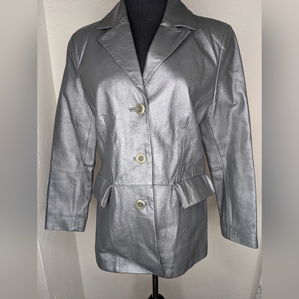 Terry Lewis Classic Luxuries Leather Jacket Womens Size Petite XS Gray Metallic